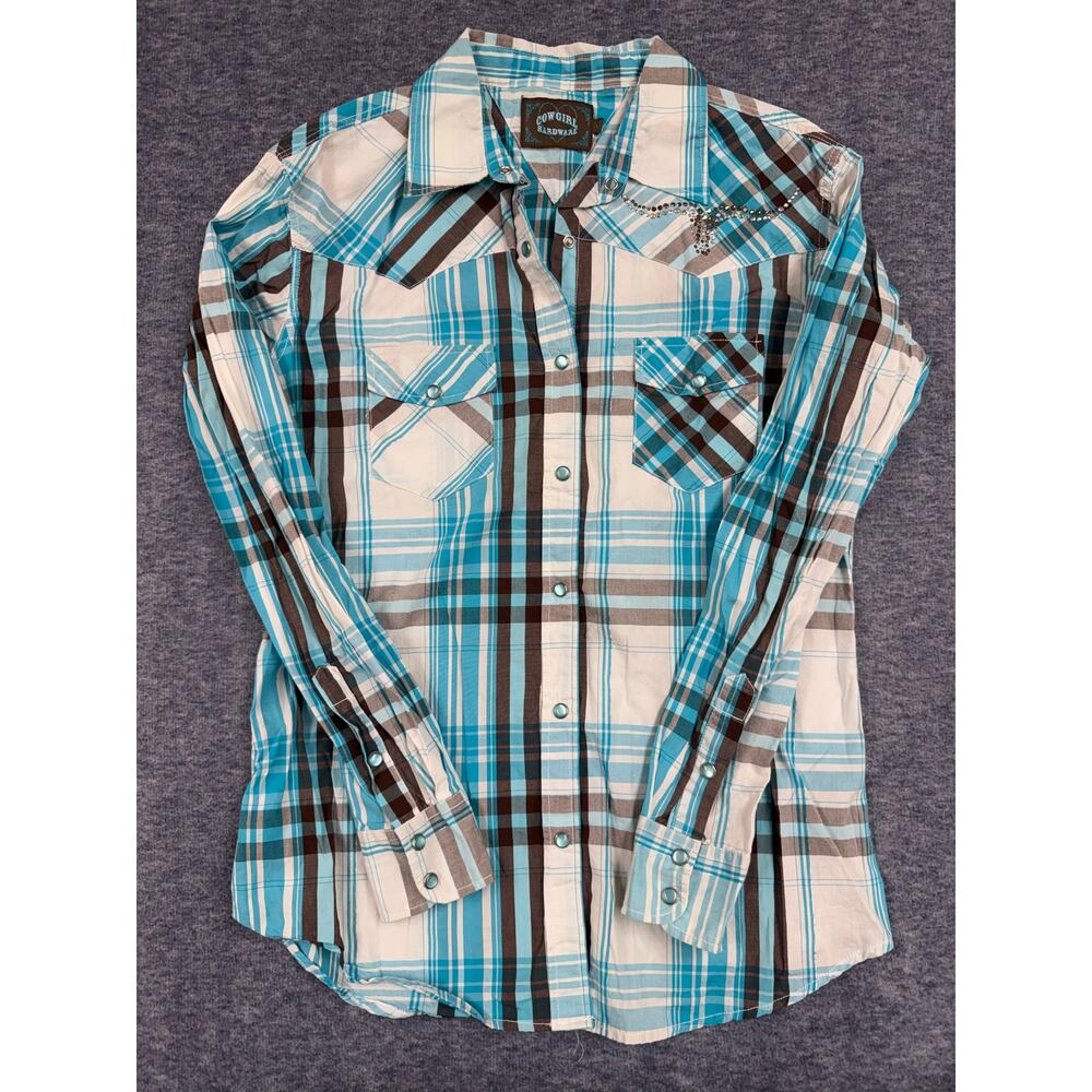Cowgirl Hardware Teal Plaid Pearl Snap Button Up Front Pocket  Women's Large
